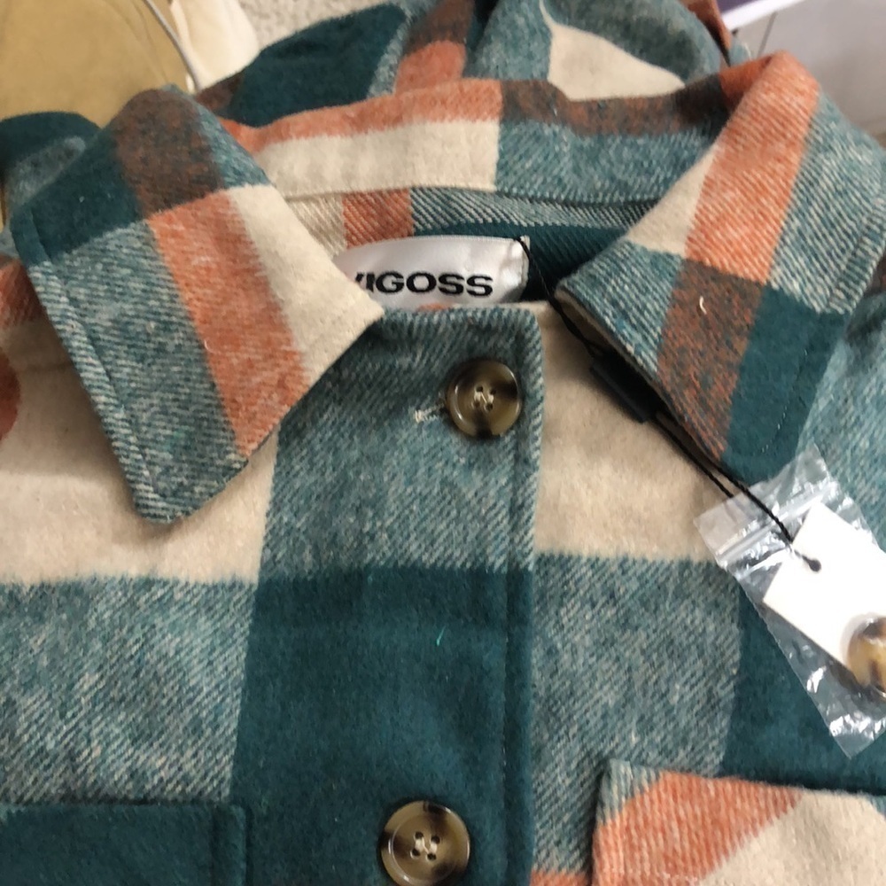 Shacket jade green and coral plaid long sleeve button down XS New - Picture 2 of 13